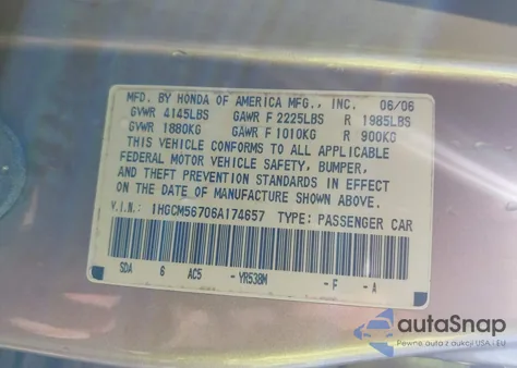 2006 Honda Accord 2.4 Ex z USA, uszkodzony, nr VIN 1HGCM56706A174657